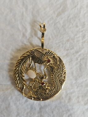 Gold Dragon & Phoenix Round Pendant with Opal and Ruby Accents